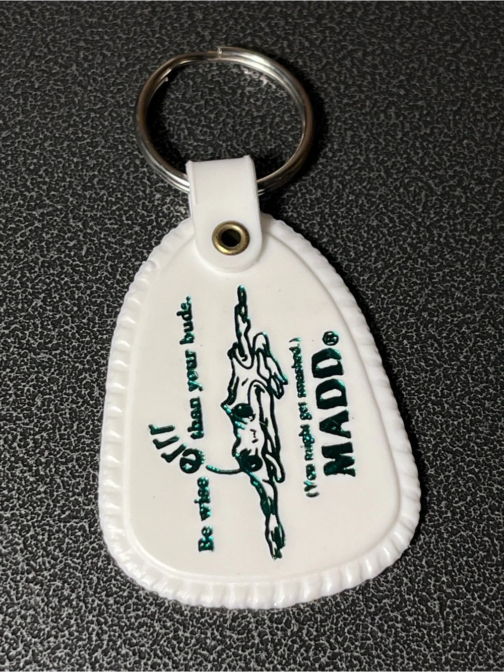 MADD White Vinyl Keychain with Green Logo
